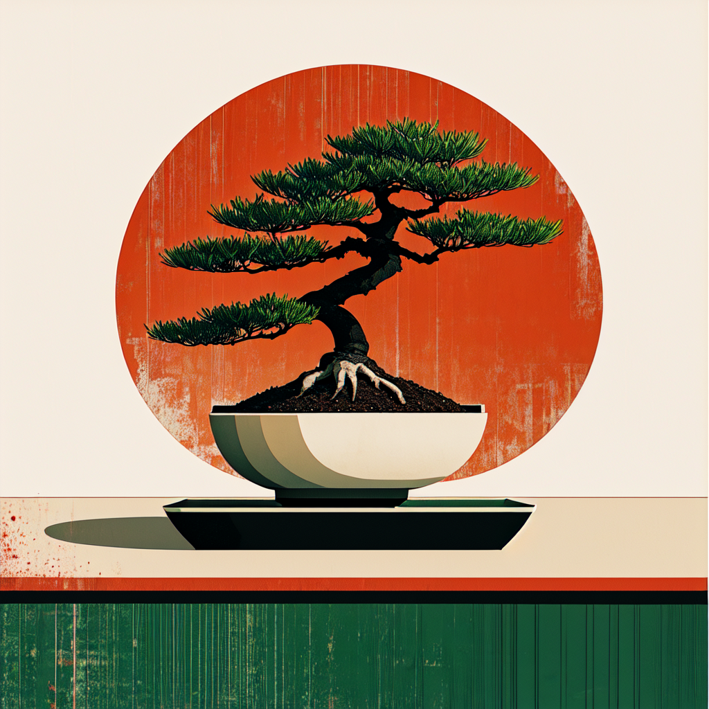 00011-3397524815-_lora_Modern_Ukiyo-e_illustration_1_ Modern Ukiyo-e illustration, The image shows a bonsai tree in a pot on a table with a red a.png